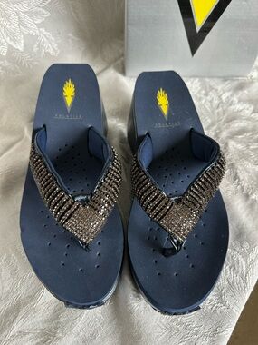 Volatile Navy Wedge Flip Flops with Gunmetal Beaded Straps